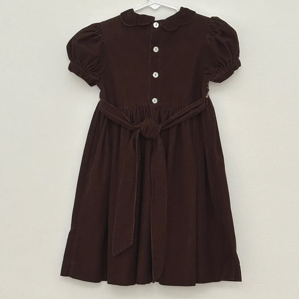 Mom Me Girls Dress 4 Brown Corduroy Smocked Floral Peter Pan Collar Cottage VTG